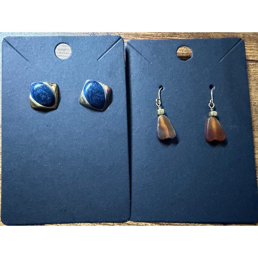 Vintage Earring Bundle Blue Enamel Square Studs and Amber Heart Drop Earrings
